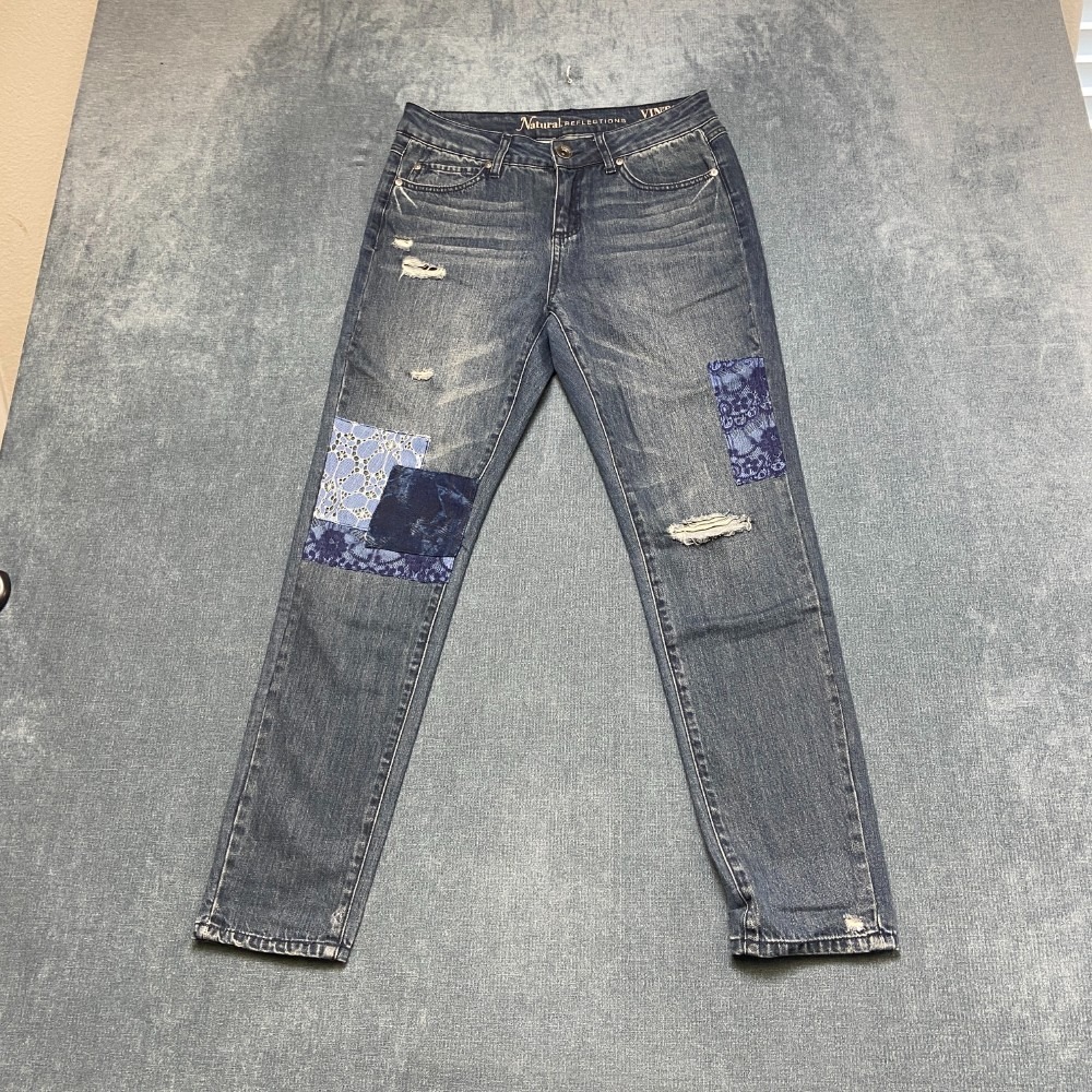Vintage Natural Reflections Reunion Jeans Womens 4 Blue Distressed Patchwork